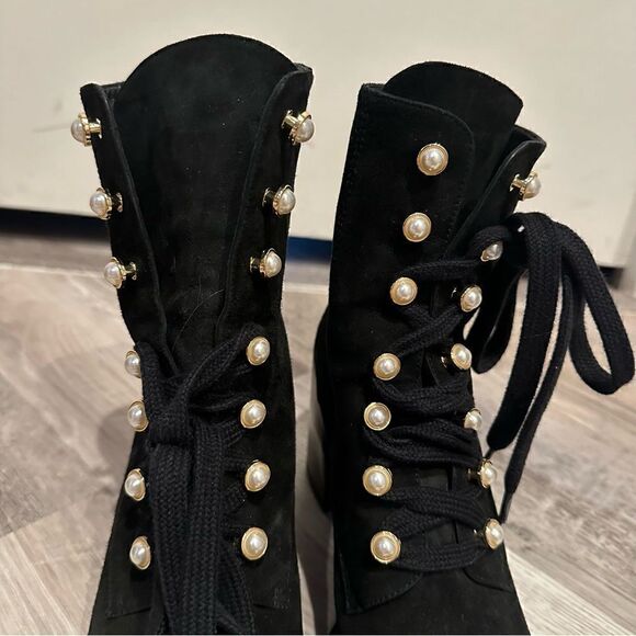 STUART WEITZMAN Boots Women Size 10 Ivey Suede Combat Pearl Button Black Bootie - Picture 3 of 10